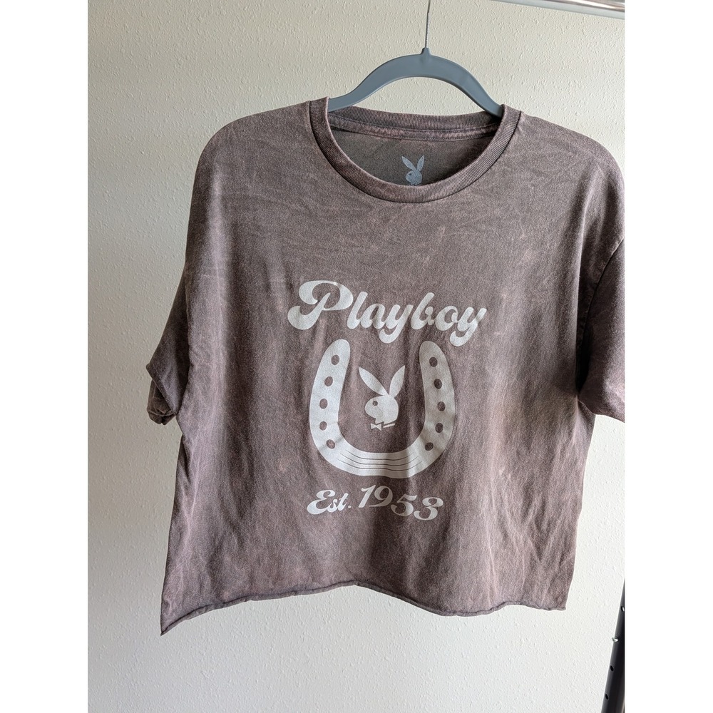 Playboy Mineral Wash‎ Brown Graphic Cropped T-Shirt Horseshoe Bunny Logo Large